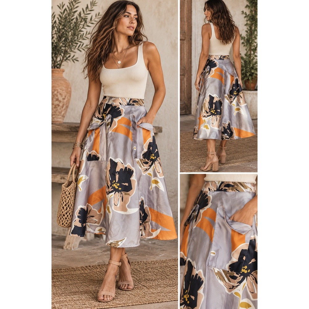 Floral Satin Midi Skirt Medium Gray Orange A-Line Statement Pockets